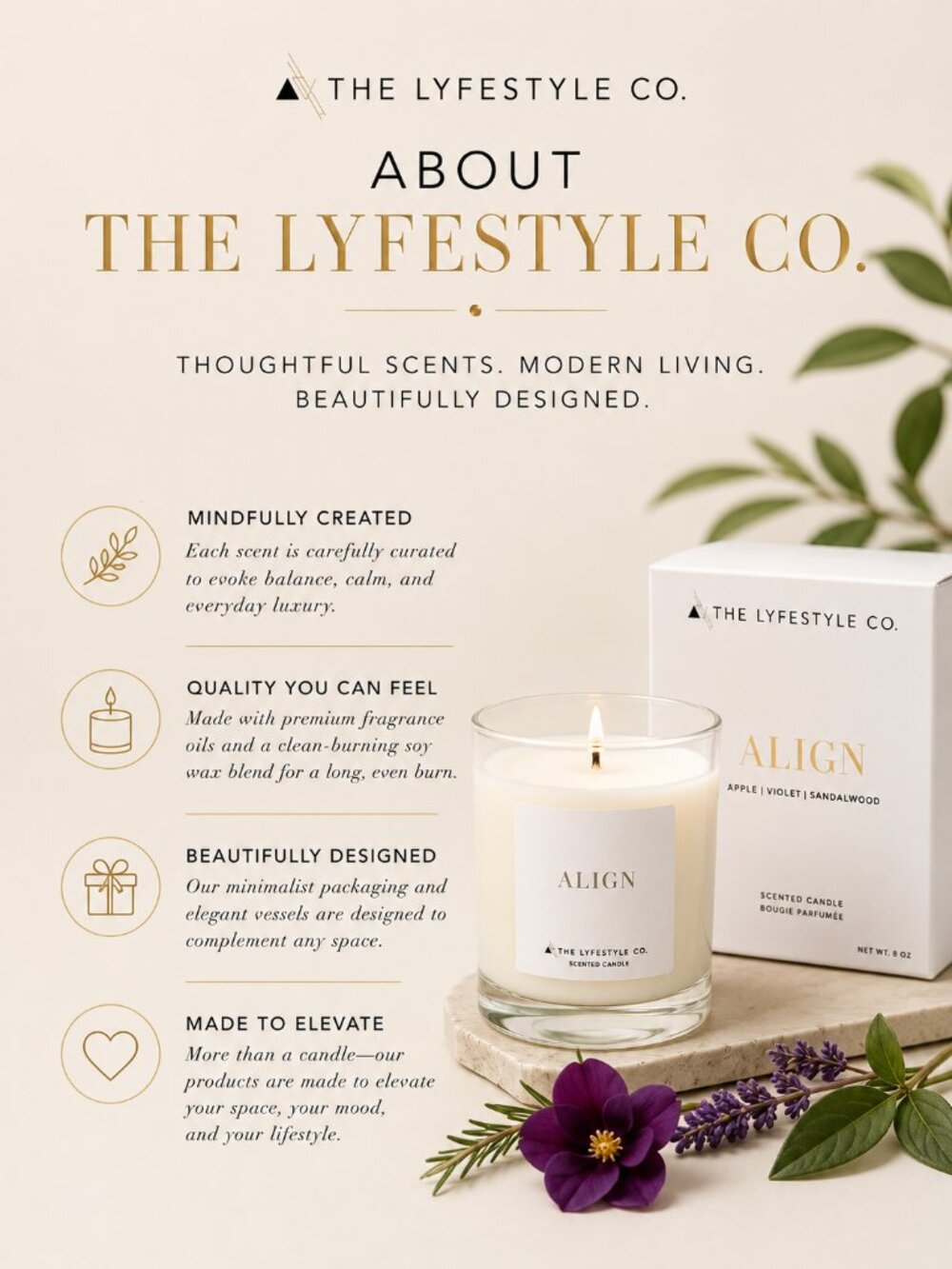 The Lyfestyle Co Align 8 oz Candle Apple Violet Sandalwood Luxury Soy NIB - Picture 3 of 5